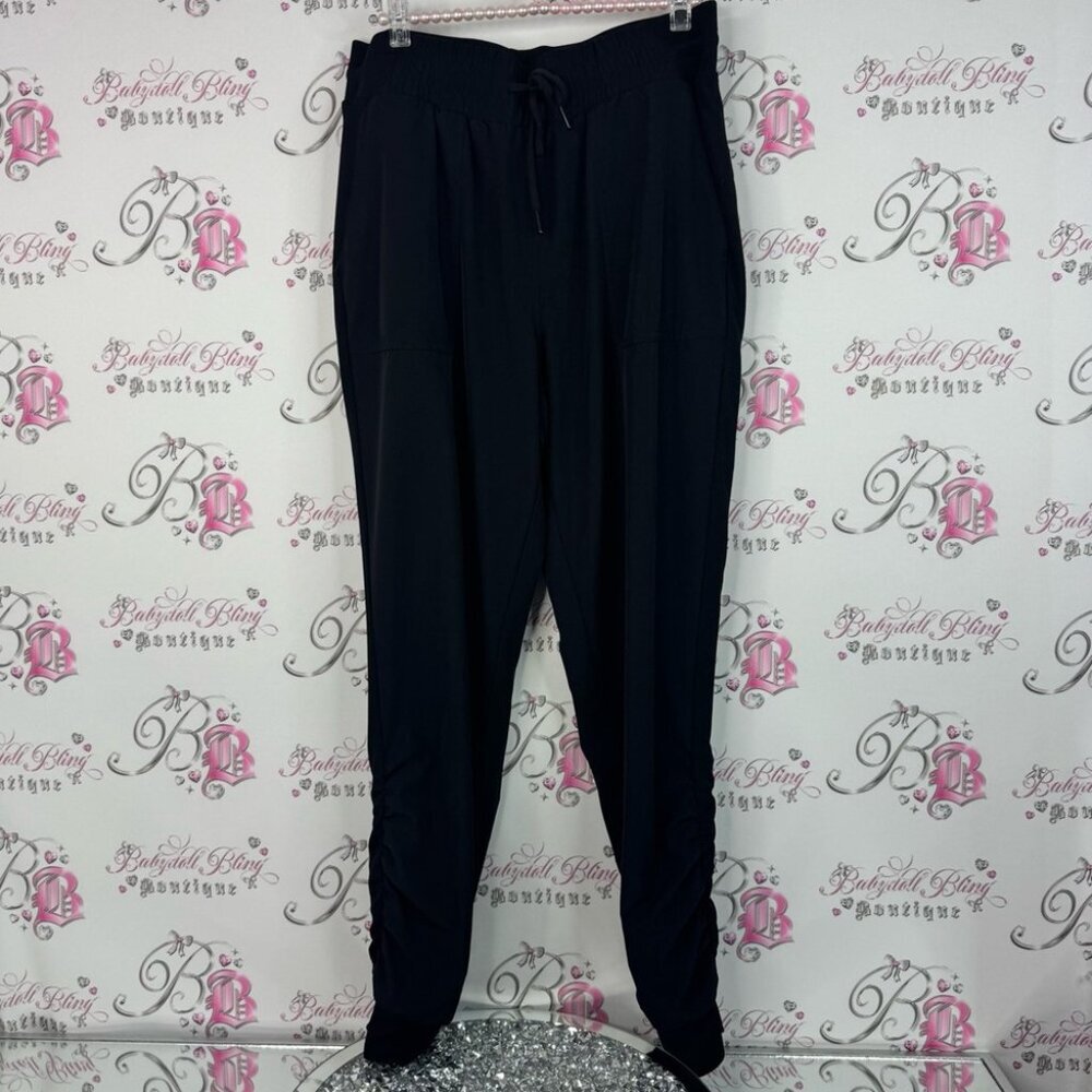 Mondetta joggers Black Athletic Pants stretchy comfy silver logo tie waist